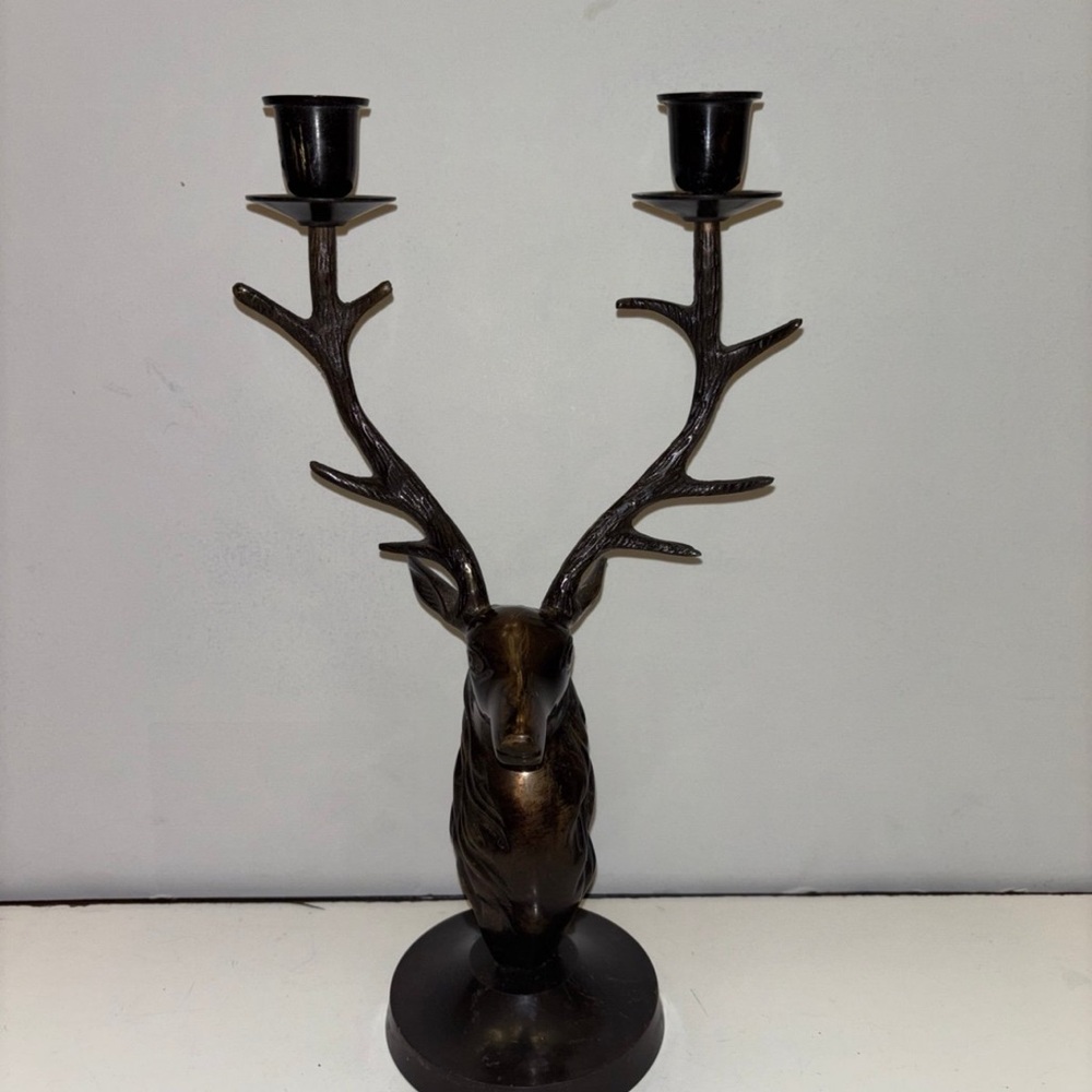 Cast Brass Stag Elk Deer Head Candle Holder Brown 13" Tall